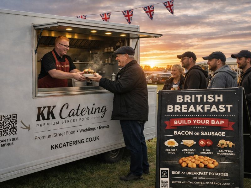 Enjoy a delicious breakfast with bacon or sausage options at KK Catering.