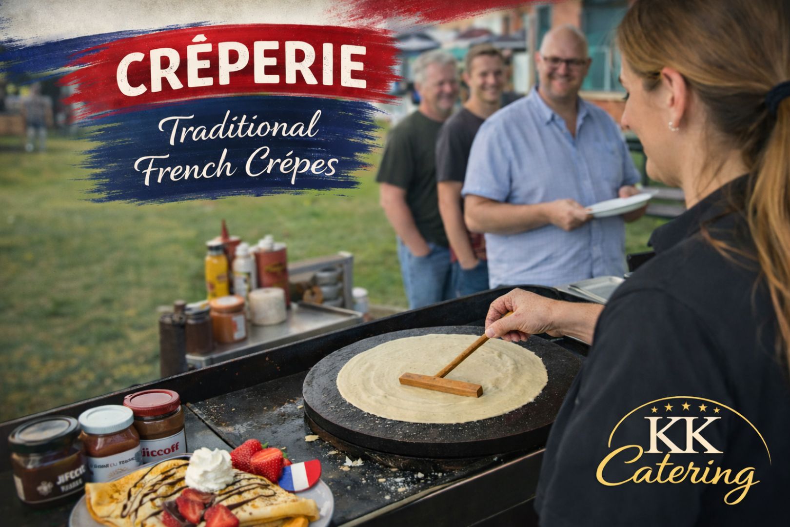 Creperie stall serving traditional French crepes at an outdoor event.