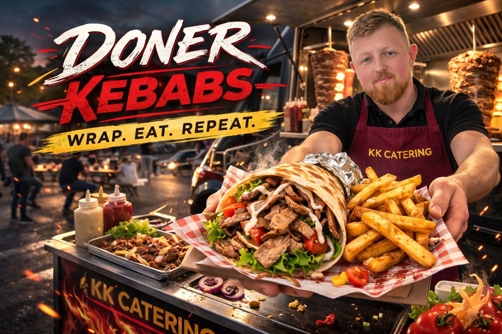 Vibrant doner kebab food truck serving fresh wraps and fries at KK Catering event.