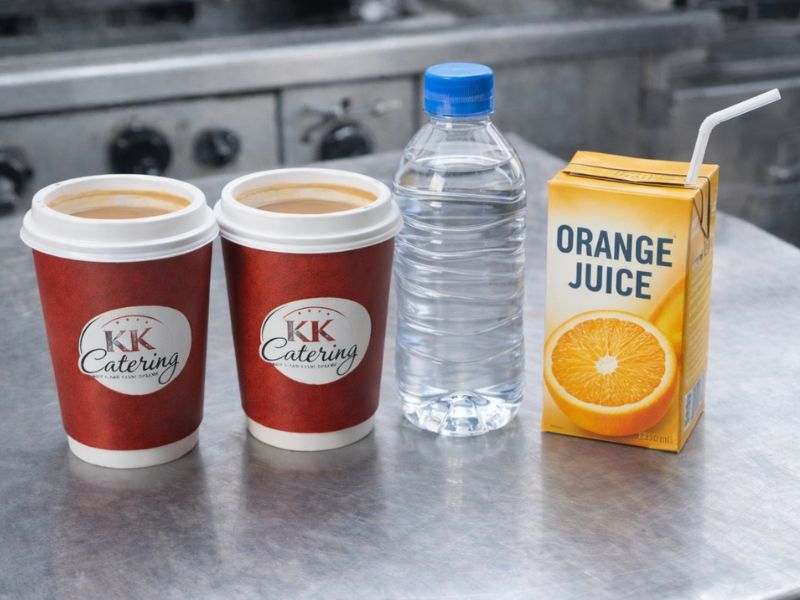 Hot drink selection including tea and coffee at KK Catering breakfast van hire.