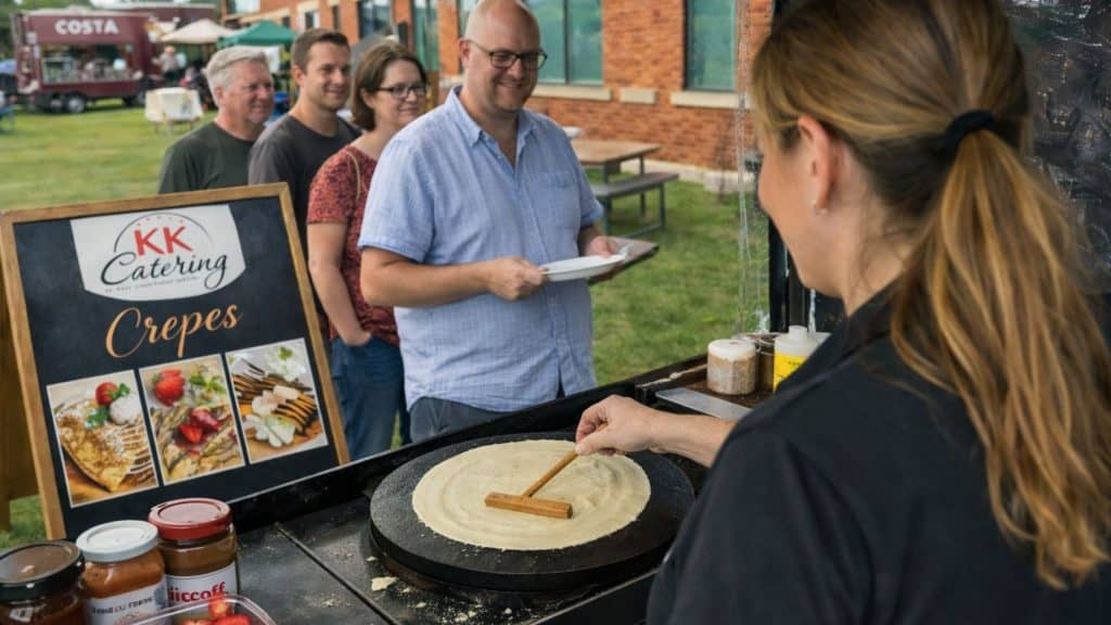 Freshly made crepes at KK Catering food stall, serving delicious treats for outdoor events.