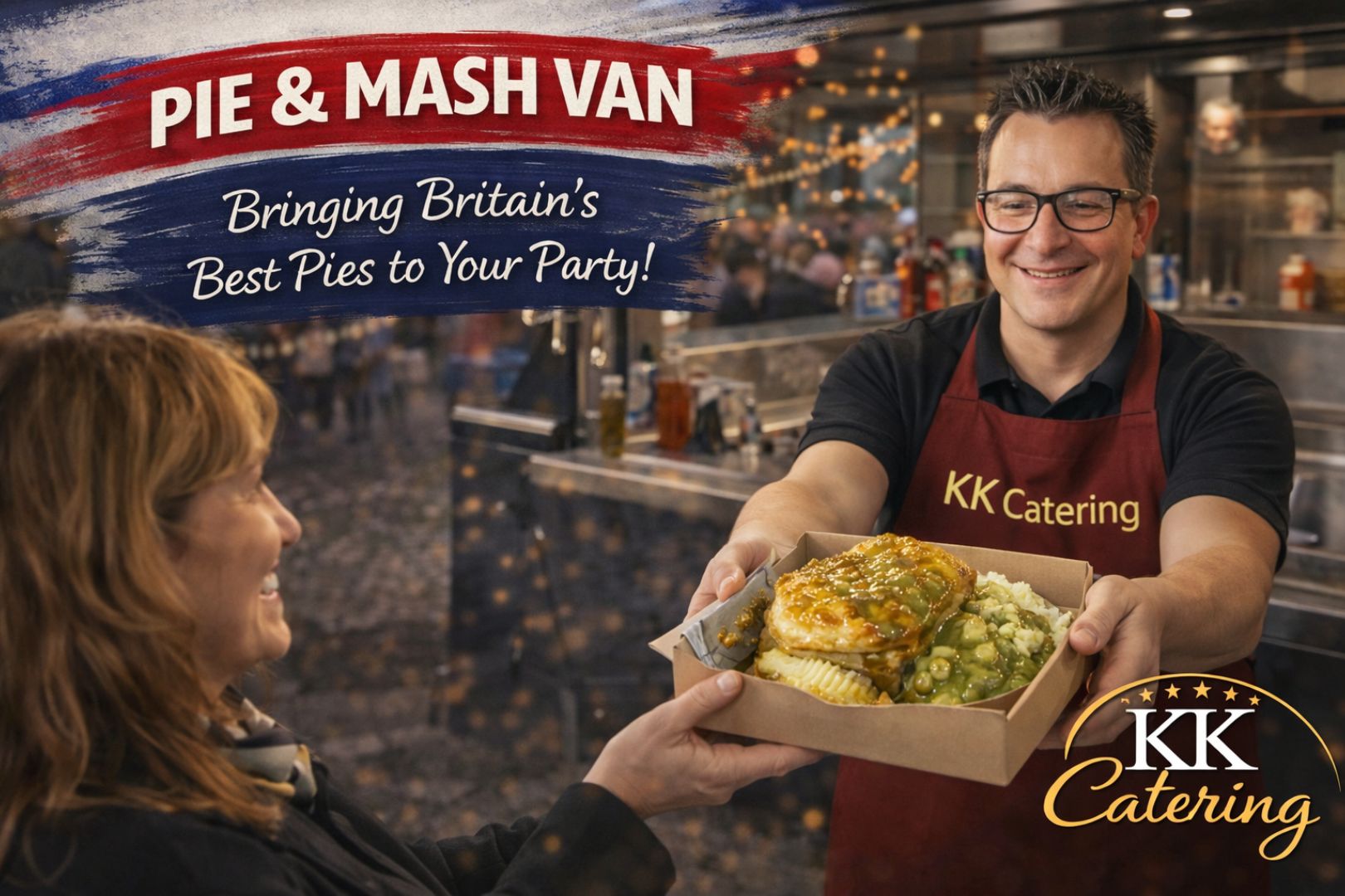 pie and mash served from KK Catering pie and mash van at a festive event.