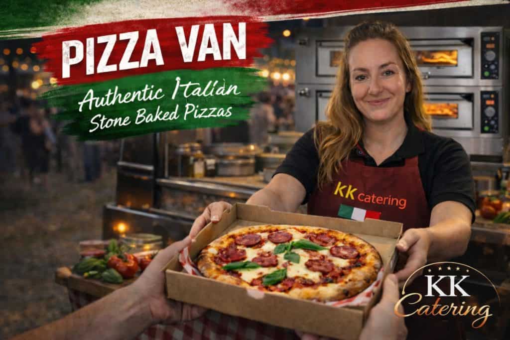 Freshly baked Italian stone oven pizza from KK Catering, perfect for catering events and parties.