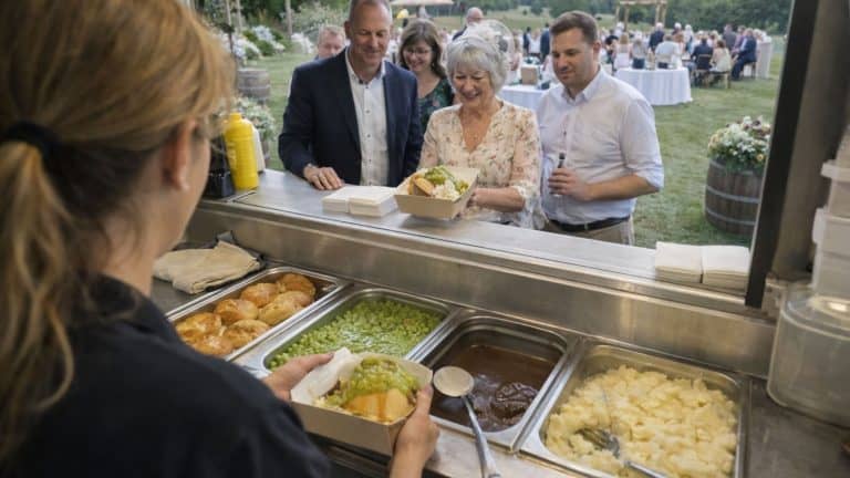 Traditional pie and mash catering van serving mushy peas at a n outdoor wedding
