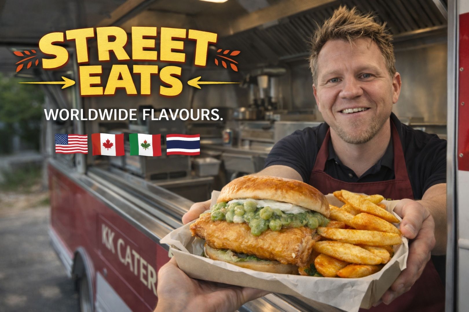 Man holding a fish burger with mushy peas, tarter sauce with side of fries at street food truck, smiling.