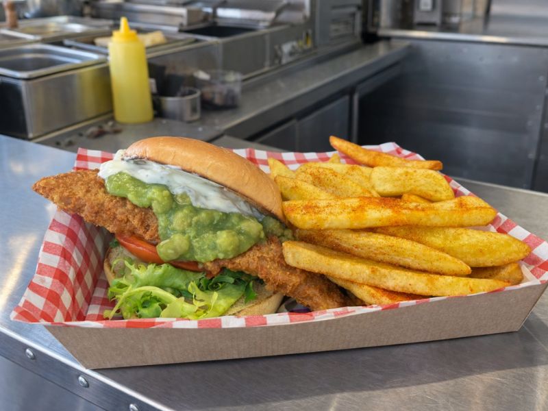 Posh Fishwich battered cod sandwich from KK Catering street food van hire.