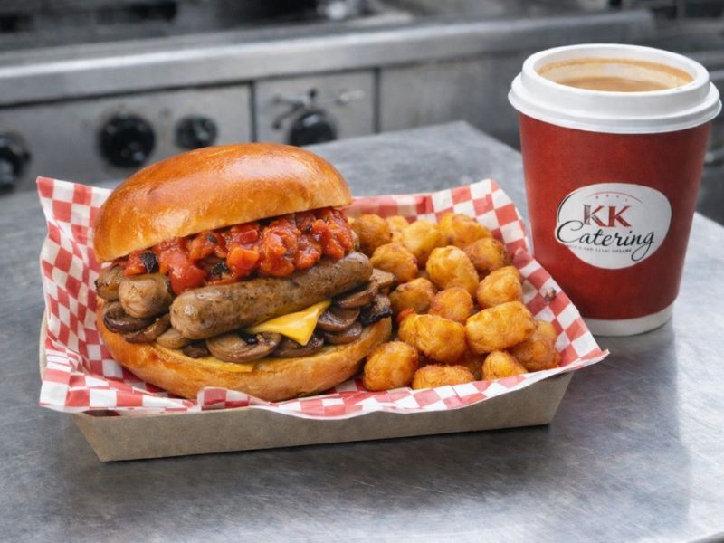 Vegan sausage sandwich from KK Catering breakfast van hire.