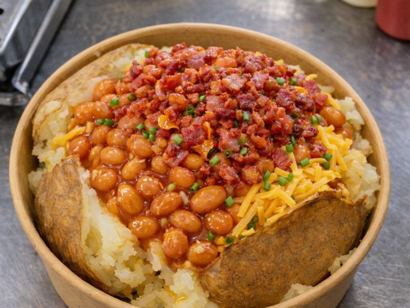 Beano Royale gourmet baked potato — Heinz baked beans with cheddar and bacon bits.