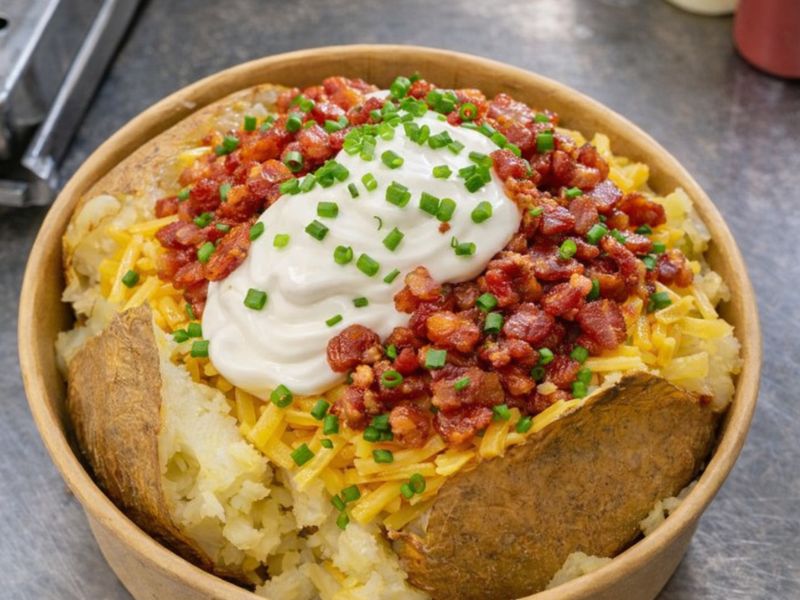 Crown Jewel Cheddar gourmet baked potato — cheddar, sour cream, crispy bacon bits and chives.
