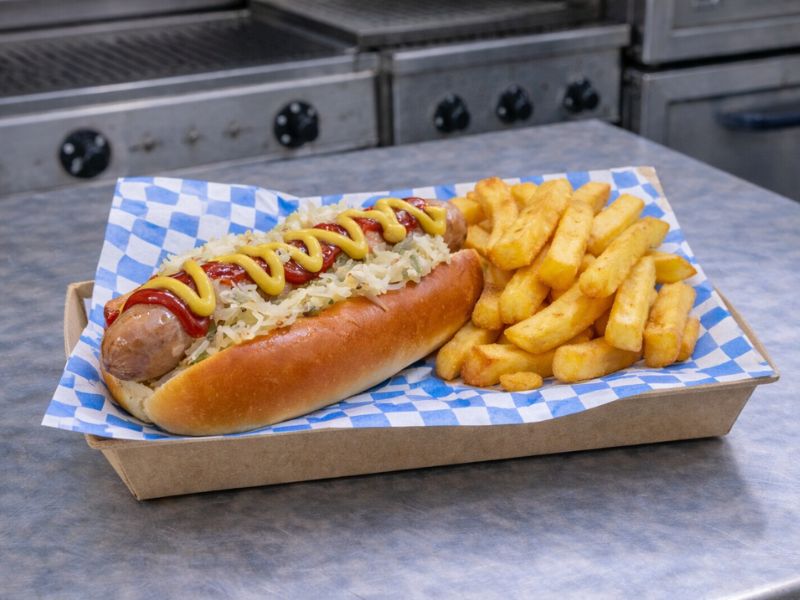 Grilled pork sausage in a fresh baguette at a KK Catering bratwurst event.