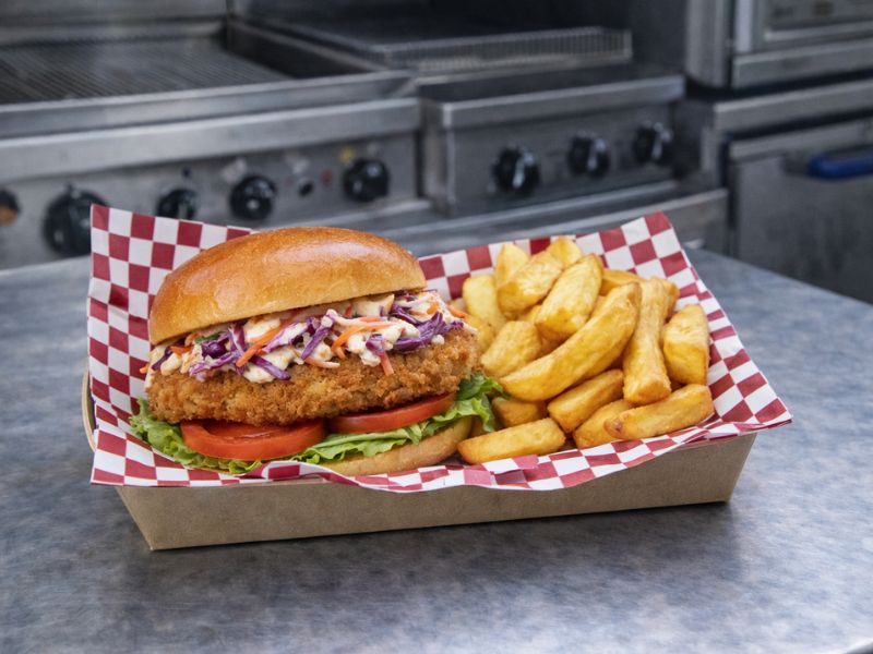 Gourmet Veggie Supreme burger and chips from KK Catering premium burger van.