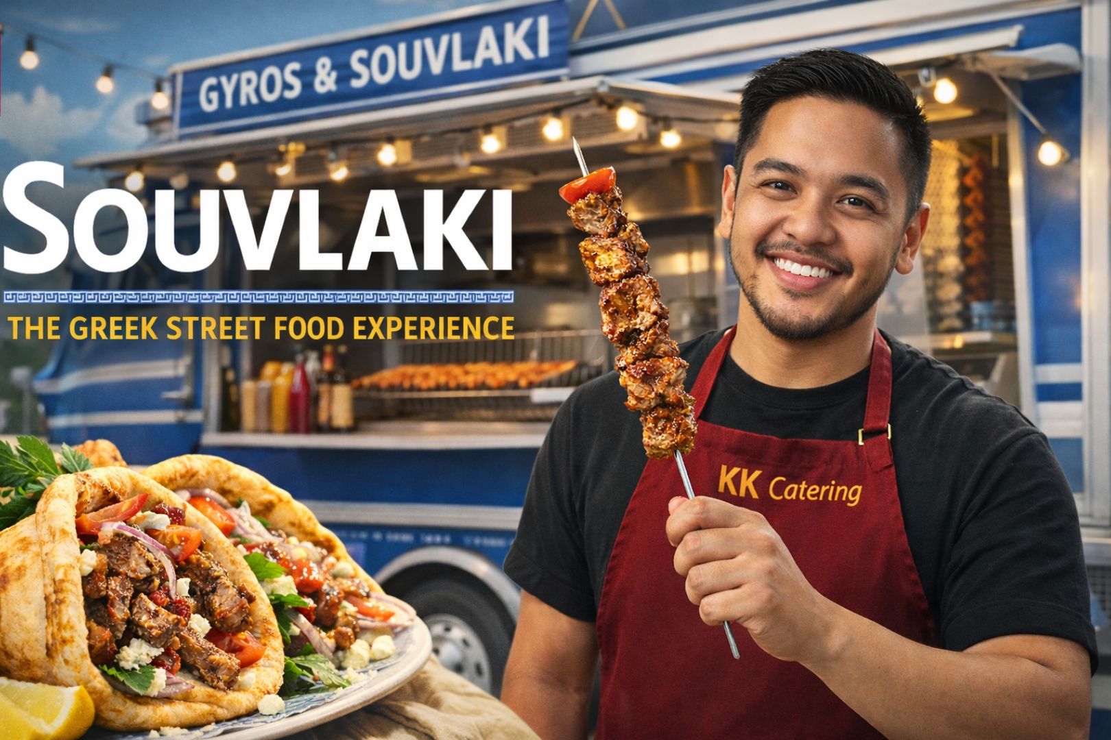 Man holding a skewer of grilled souvlaki in front of a food truck.