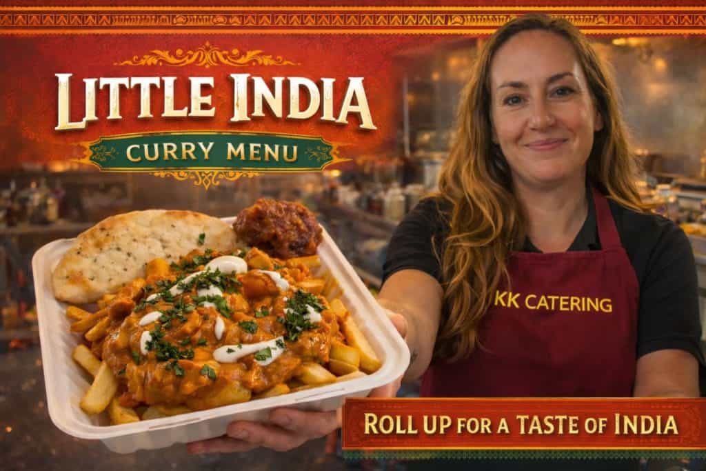 Woman holding Indian curry dish at KK Catering, showcasing authentic Indian cuisine.