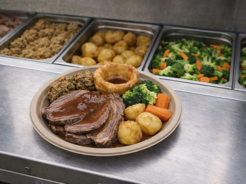 Hand-carved roast beef served from the Roasted carvery bar at a UK wedding.