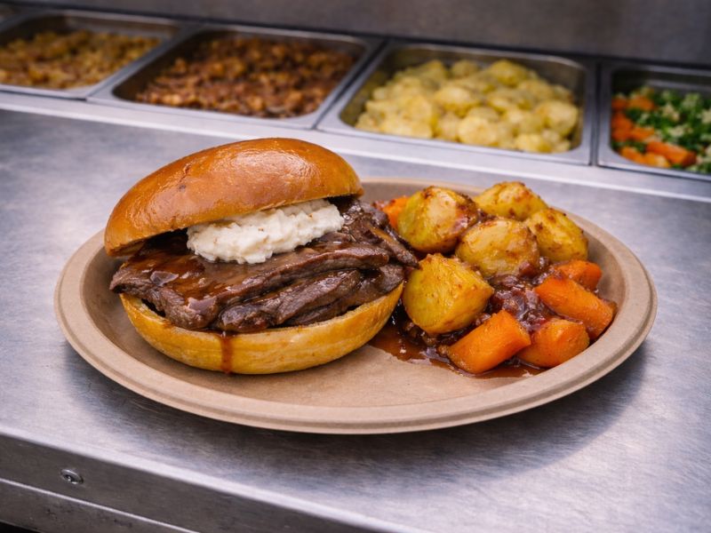 Roast beef and horseradish sandwich served from the Roasted carvery bar.