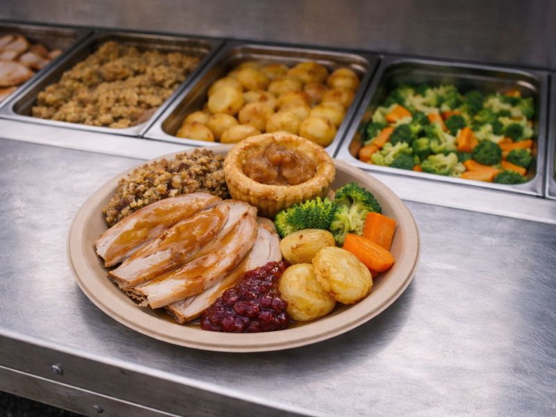 Roast turkey with stuffing and cranberry sauce served from the carvery bar.
