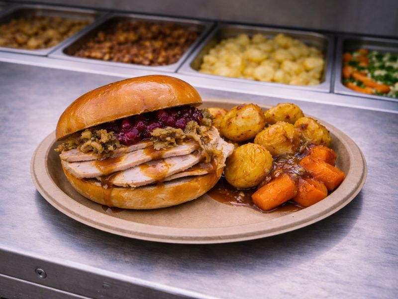 Roast turkey, stuffing and cranberry sandwich — a popular carvery bar option.