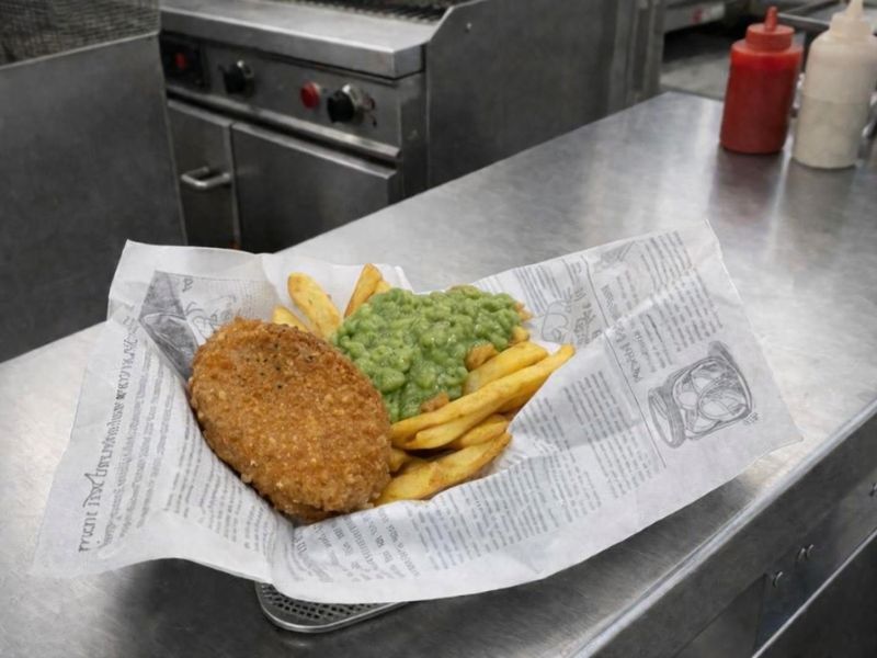 vegetable burger with chips and mushy peas from KK Catering fish and chip van hire