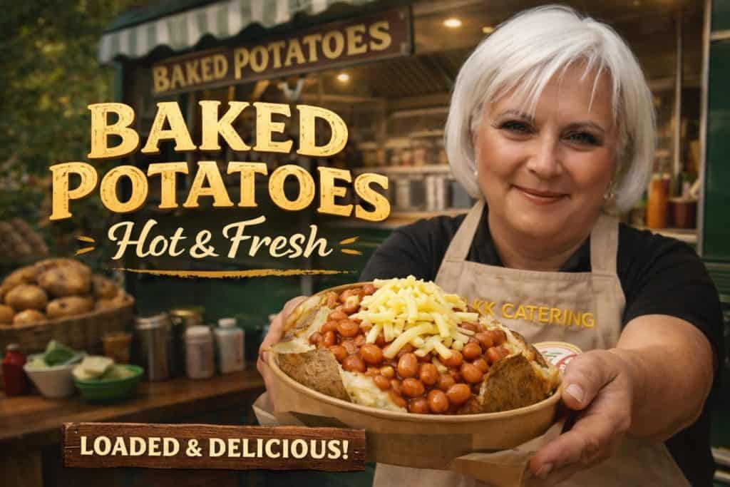 KK Catering baked potato van unit fully set up and ready to serve at a corporate event.