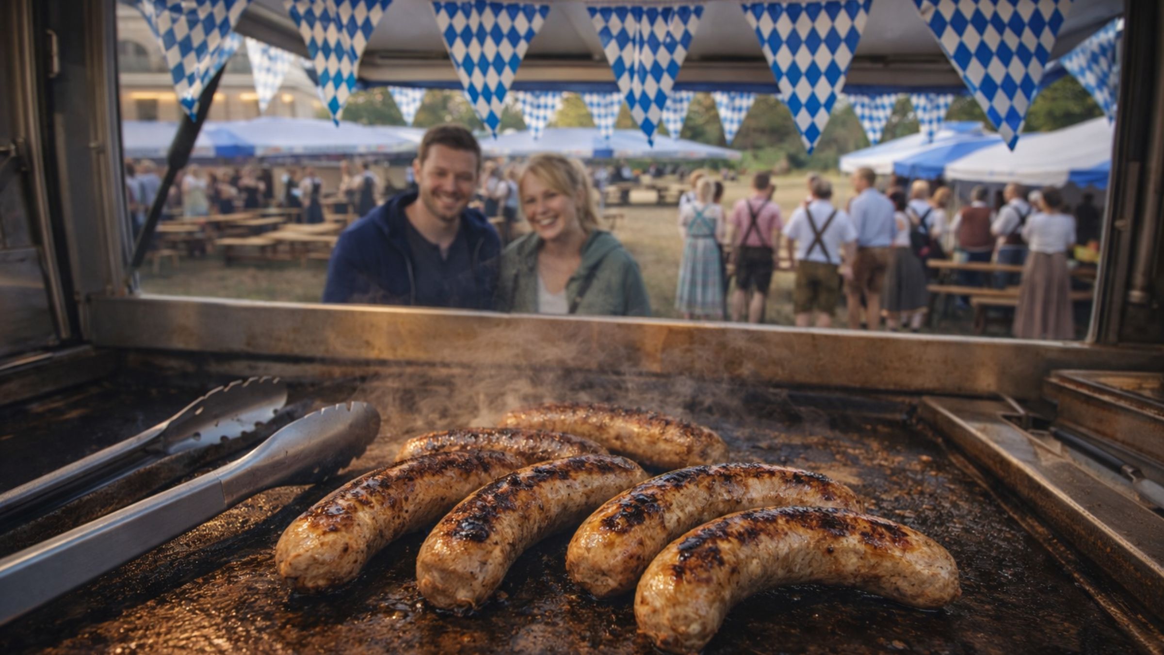 Customers smiling at the KK Catering bratwurst van serving hatch with sausages grilling in the foreground at an Oktoberfest event.