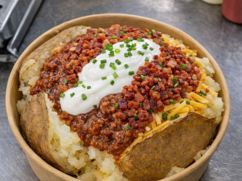 Chili Conqueror gourmet baked potato — beef chilli, sour cream, cheddar, crispy bacon bits and chives.