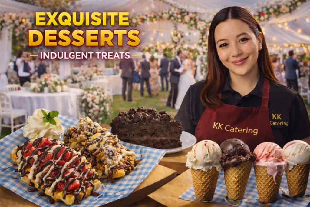 Woman with assorted desserts at KK Catering event, showcasing sweet treats and indulgent desserts.