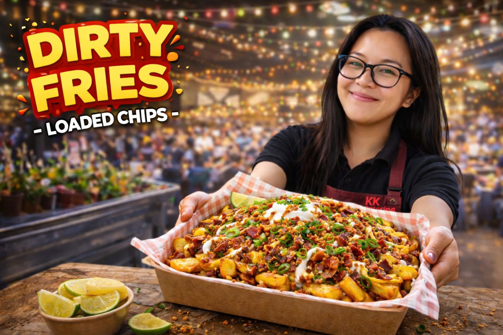 Woman holding loaded dirty fries with toppings at KK Catering event.