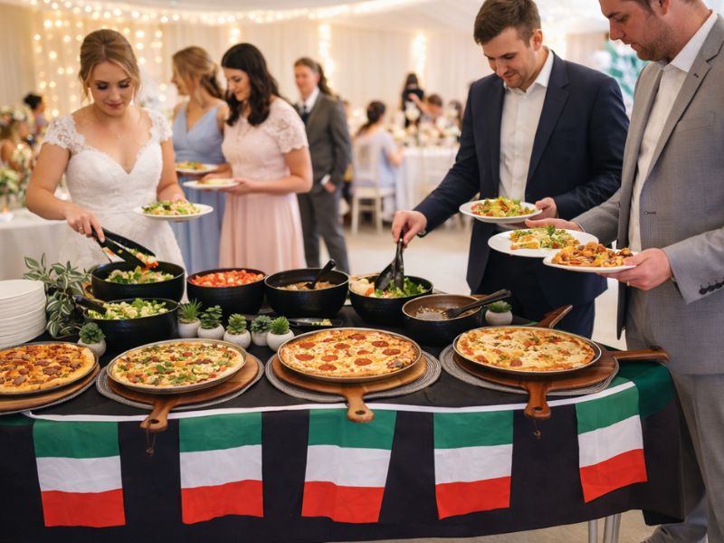 Pizza and salad buffet bar laid out for a wedding reception catered by KK Catering.