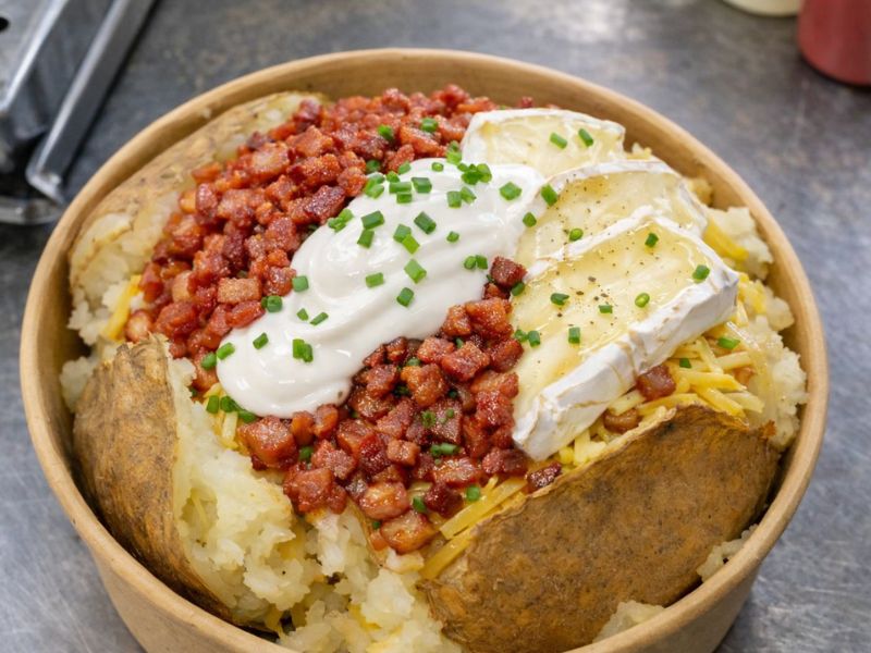 Smoky Baron gourmet baked potato — smoked bacon and brie with sour cream and chives.