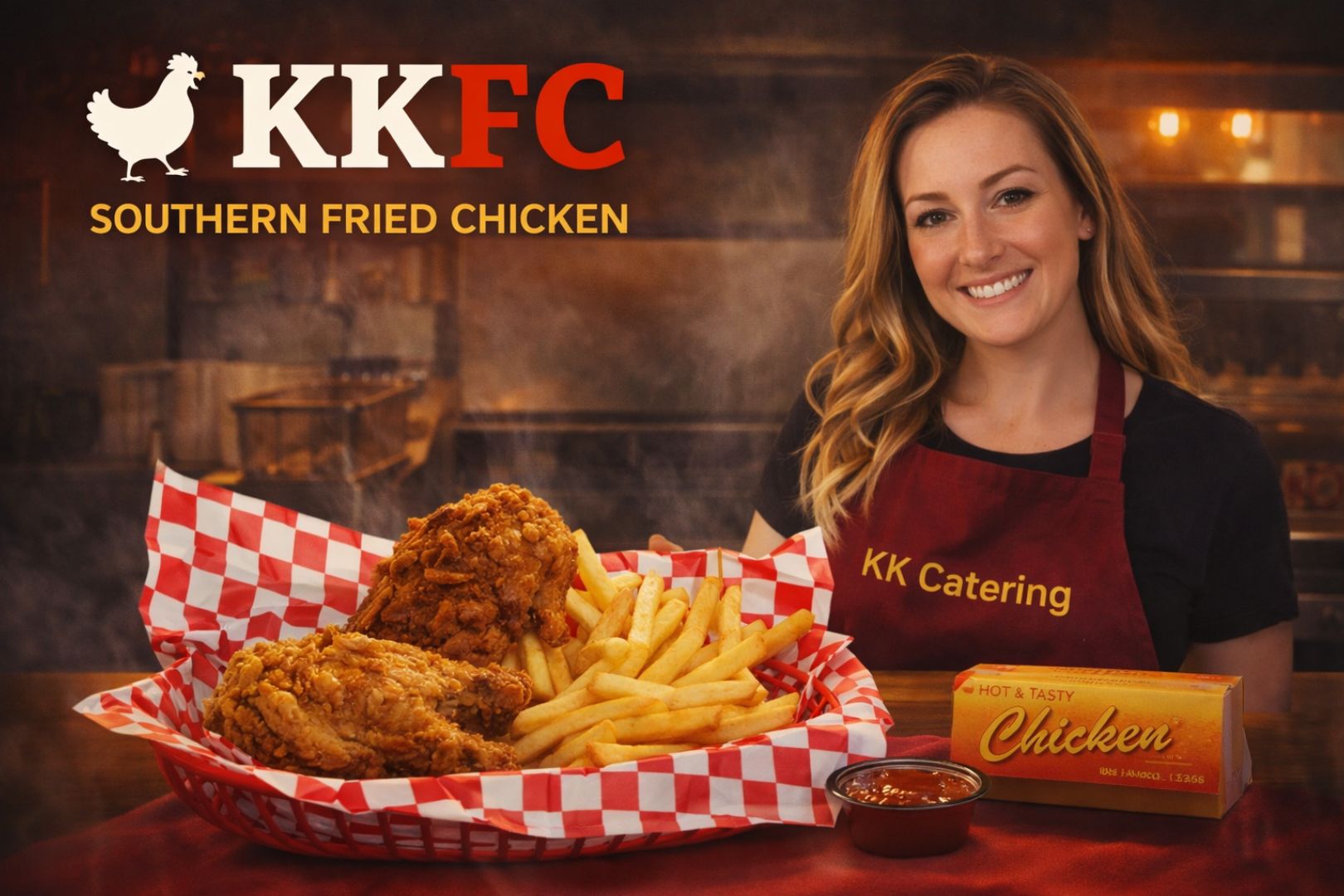 Delicious southern fried chicken with fries and dipping sauce at KK Catering.