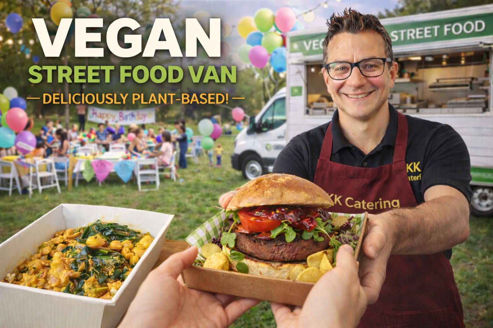 Vegan street food van serving plant-based burgers and meals at outdoor event.
