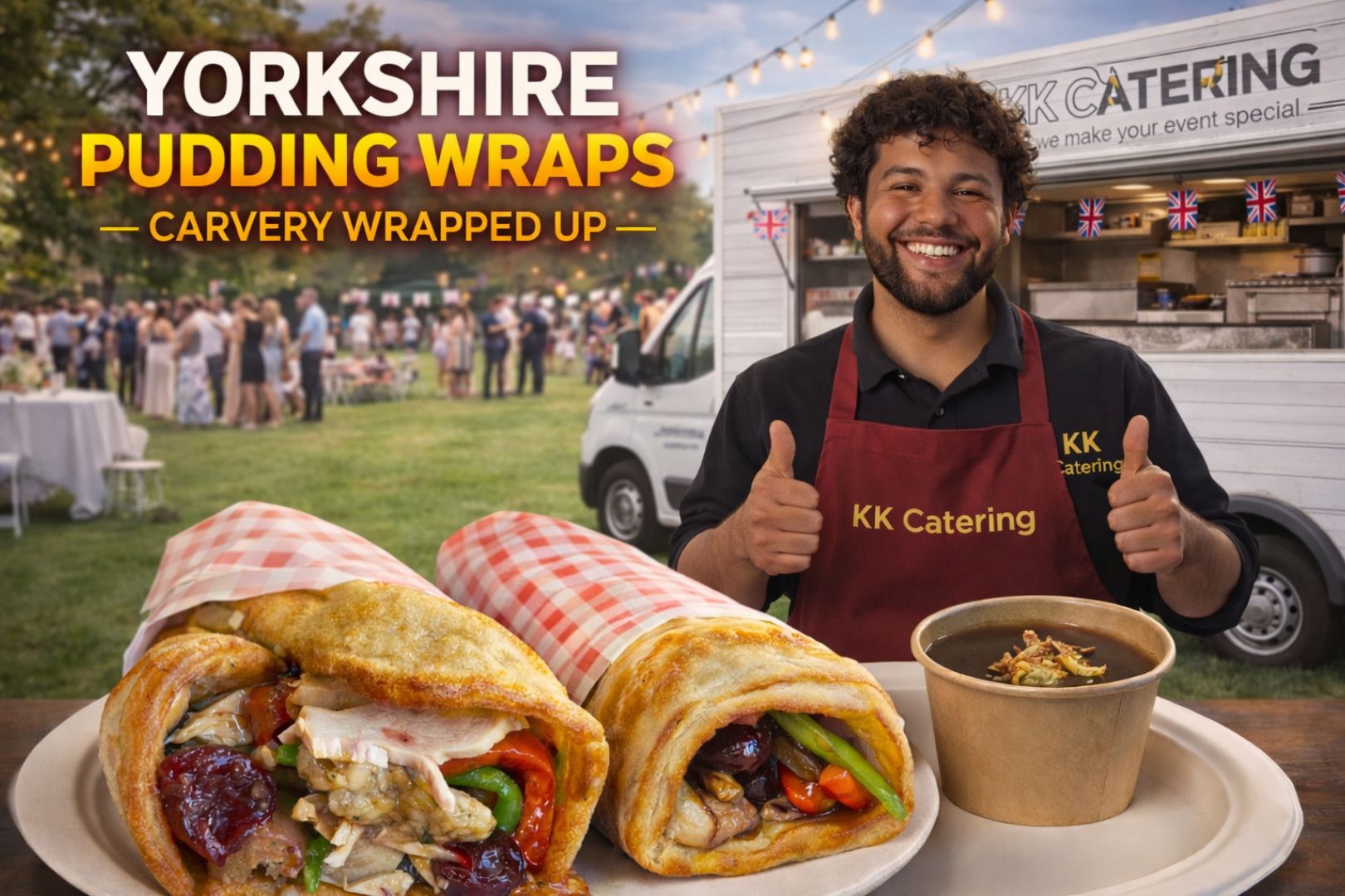 Delicious Yorkshire pudding wraps with roast meats and fresh vegetables from KK Catering. Perfect fo.