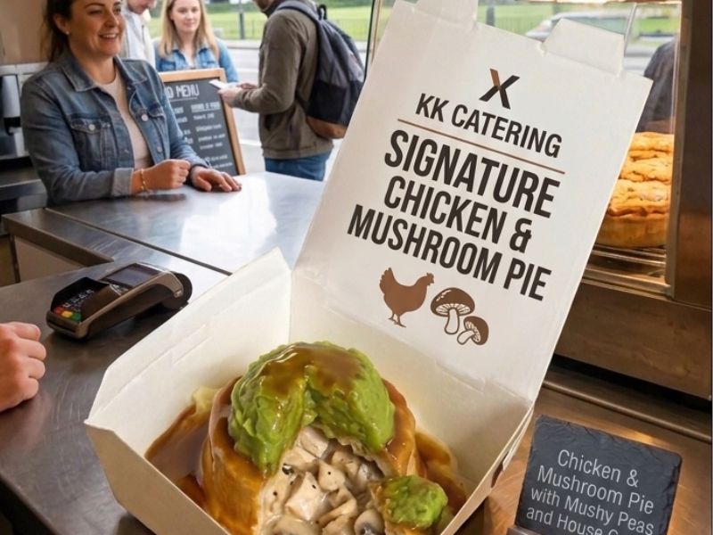 KK Catering signature chicken and mushroom pie with mushy peas and house gravy