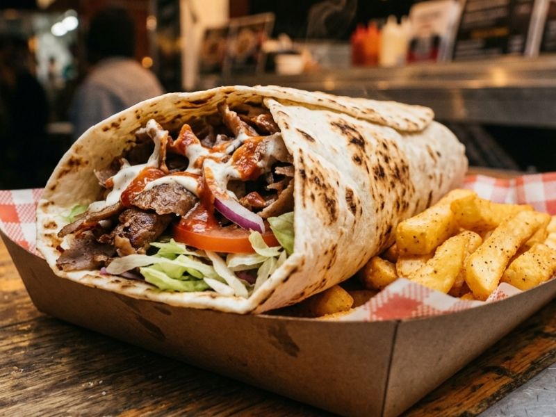 Doner kebab wrap with chunky chips served at a KK Catering event.
