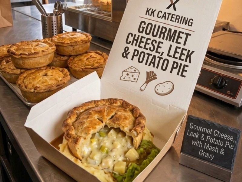 KK Catering gourmet cheese leek and potato pie with mash and gravy