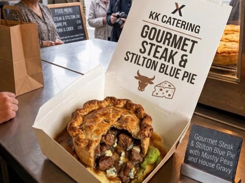 KK Catering gourmet steak and Stilton blue pie with mushy peas and house gravy