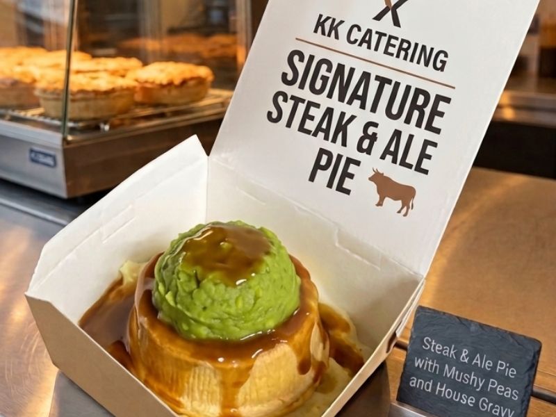 KK Catering signature steak and ale pie with mushy peas and house gravy