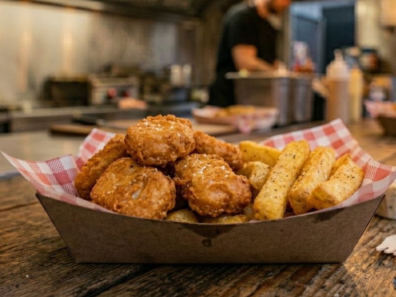 Crispy chicken nuggets with chips served at a KK Catering doner kebab van event.