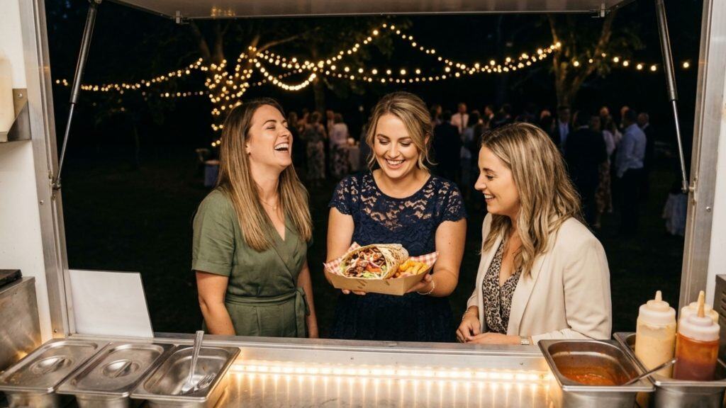 Three women enjoying food at a late night party collecting a doner kebab