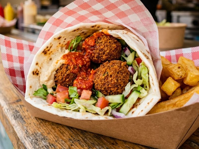 Falafel kebab wrap with chunky chips served at a KK Catering event.