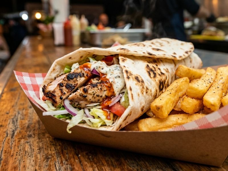 Grilled chicken kebab wrap with chunky chips served at a KK Catering event.