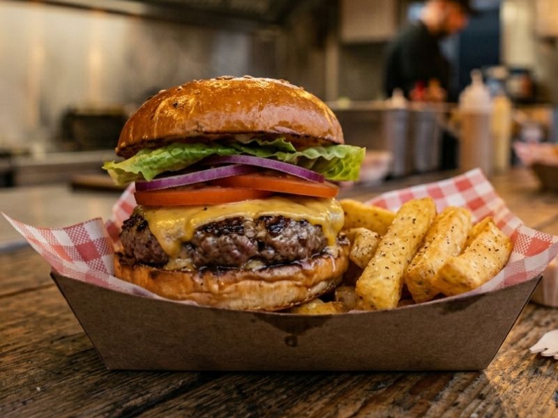 Quarter pound cheese burger with chunky chips served at a KK Catering doner kebab van event.