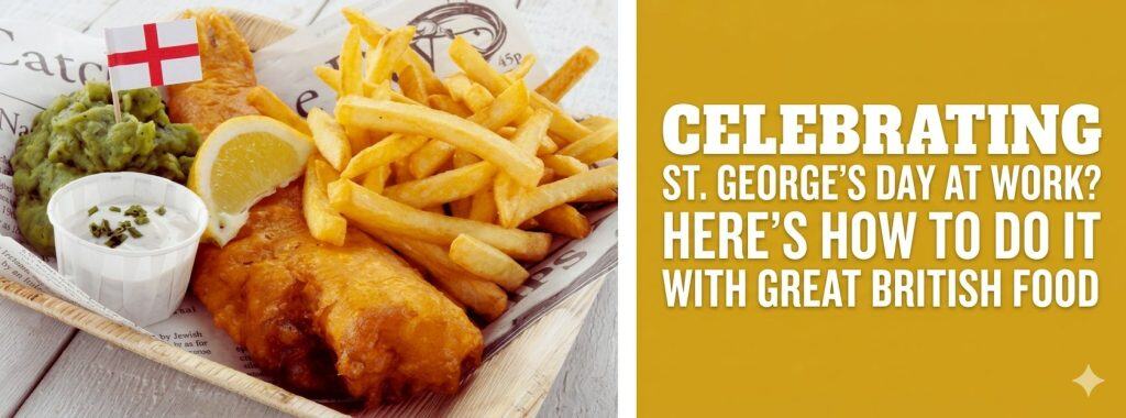 Classic British fish and chips served with sides and condiments.