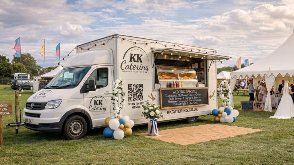 Wedding fish and chip van with KK Catering branding at outdoor festival style wedding