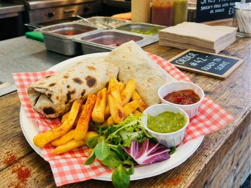 Chipotle chicken burrito with fries from Kantina Diablos, KK Catering Mexican street food van.