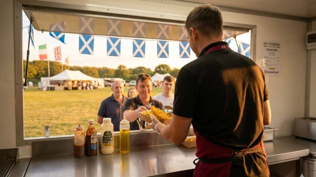Catering staff serving fish and chips at an outdoor event in glasgow scotland with flags and tents in the background.