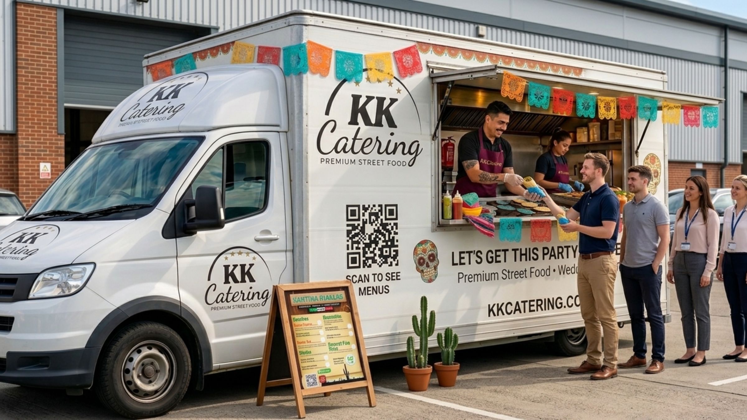 KK Catering Kantina Diablos Mexican street food van serving guests at a corporate event.