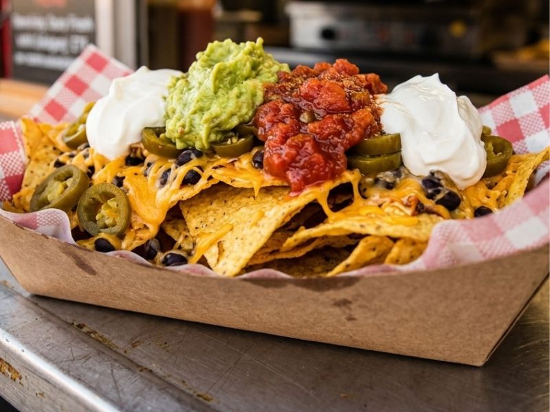 Loaded nachos with guacamole and sour cream from KK Catering Mexican food van.