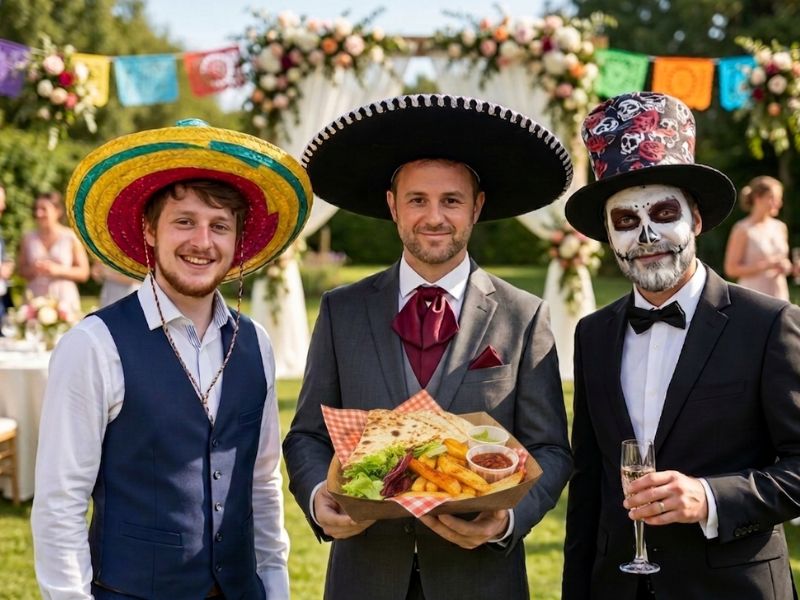 Group of men in Mexican costumes at outdoor wedding, colourful decorations in background.