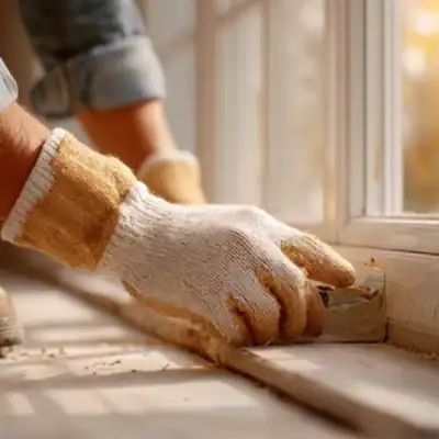 Careful wood sanding in home renovation, focusing on expert craftsmanship.